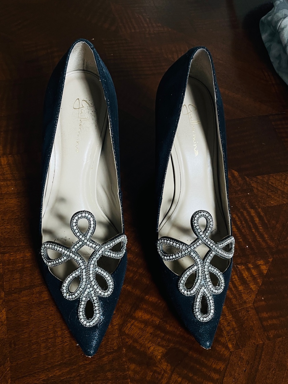 Guilhermina Black Silver Crystal Embellished Pointed Toe Pumps